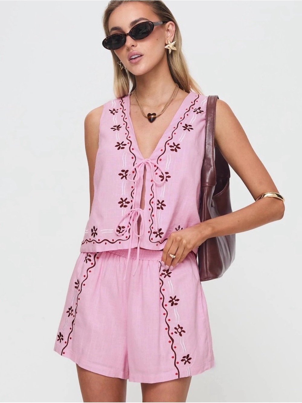 Princess Polly Pink Embroidered Tie-Front Tank & Capris Set